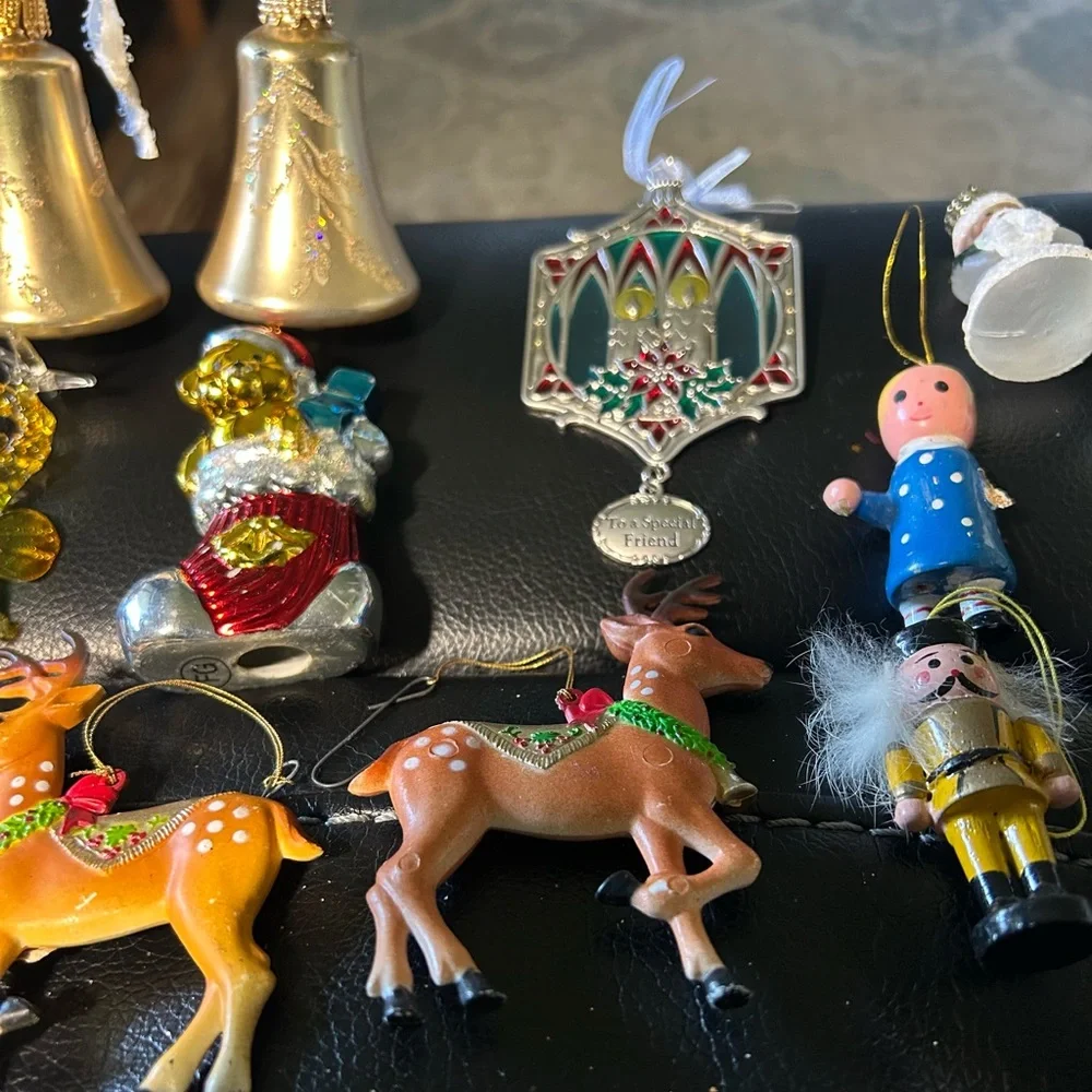 16- Mixed Vintage Christmas Ornaments - Gold, Red, Green, Blue
